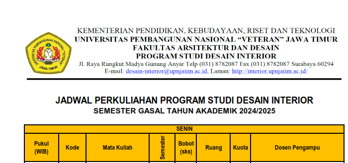 Jadwal Perkuliahan Semester Gasal Tahun Akademik 2024/2025
