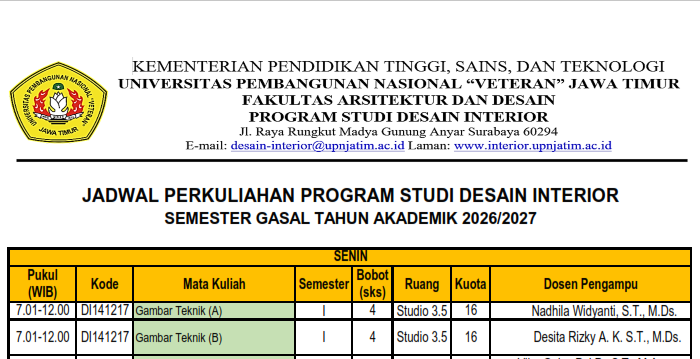 Jadwal Perkuliahan Semester Ganjil Tahun Akademik 2026/2027